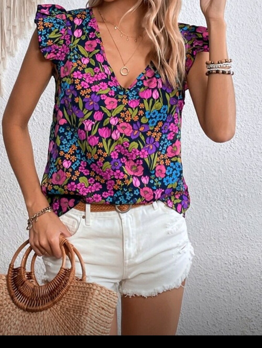Floral V-Neck Puff Sleeve Top in Multi-Color💜
